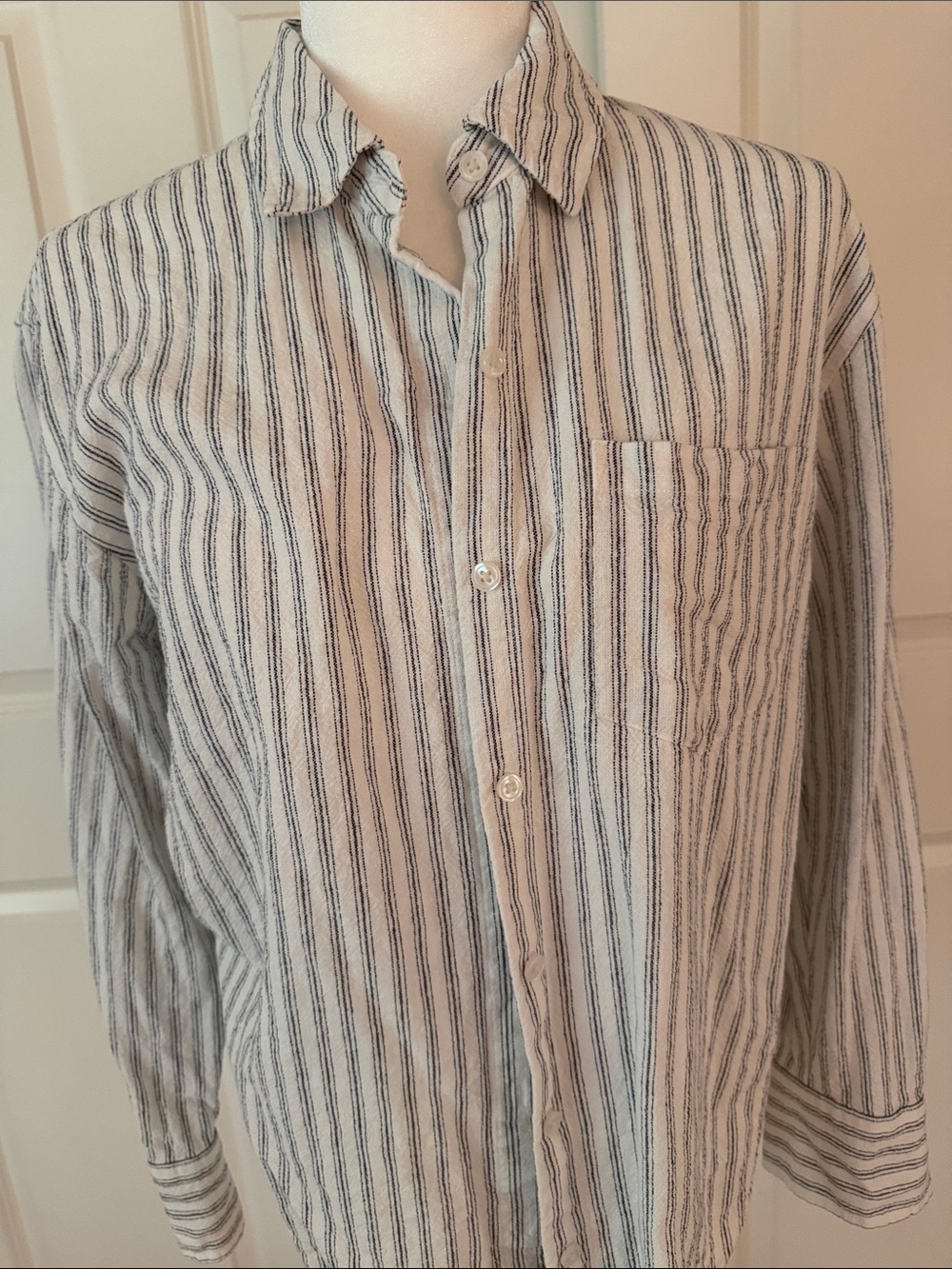 Banana Republic Women's Cream Button-Down Shirt with Black Stripes
